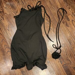 Black Ruffle Hem Dress with Flower And Tie Straps